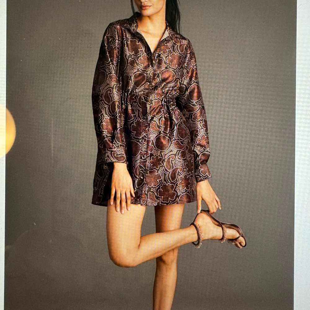 Brown Floral Satin Long Sleeve Mini Dress